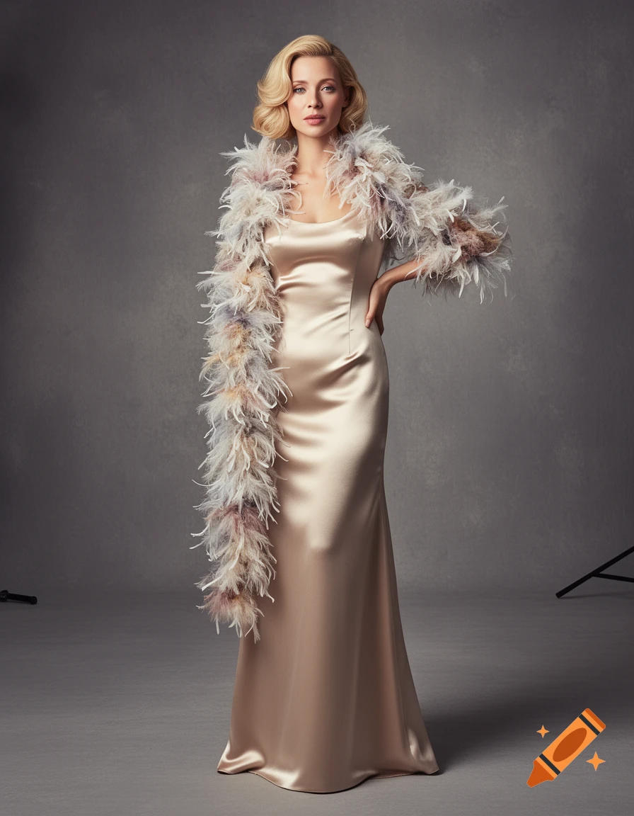 A woman in a gold satin gown and a pastel feather boa stands confidently in a studio, looking at the camera.