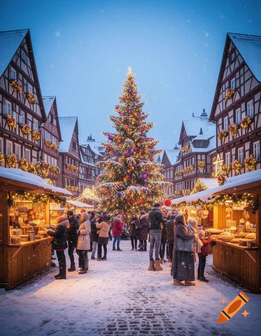 A snowy Christmas market at dusk, featuring a large, brightly lit Christmas tree surrounded by festive stalls, people, and traditional half-timbered buildings.
