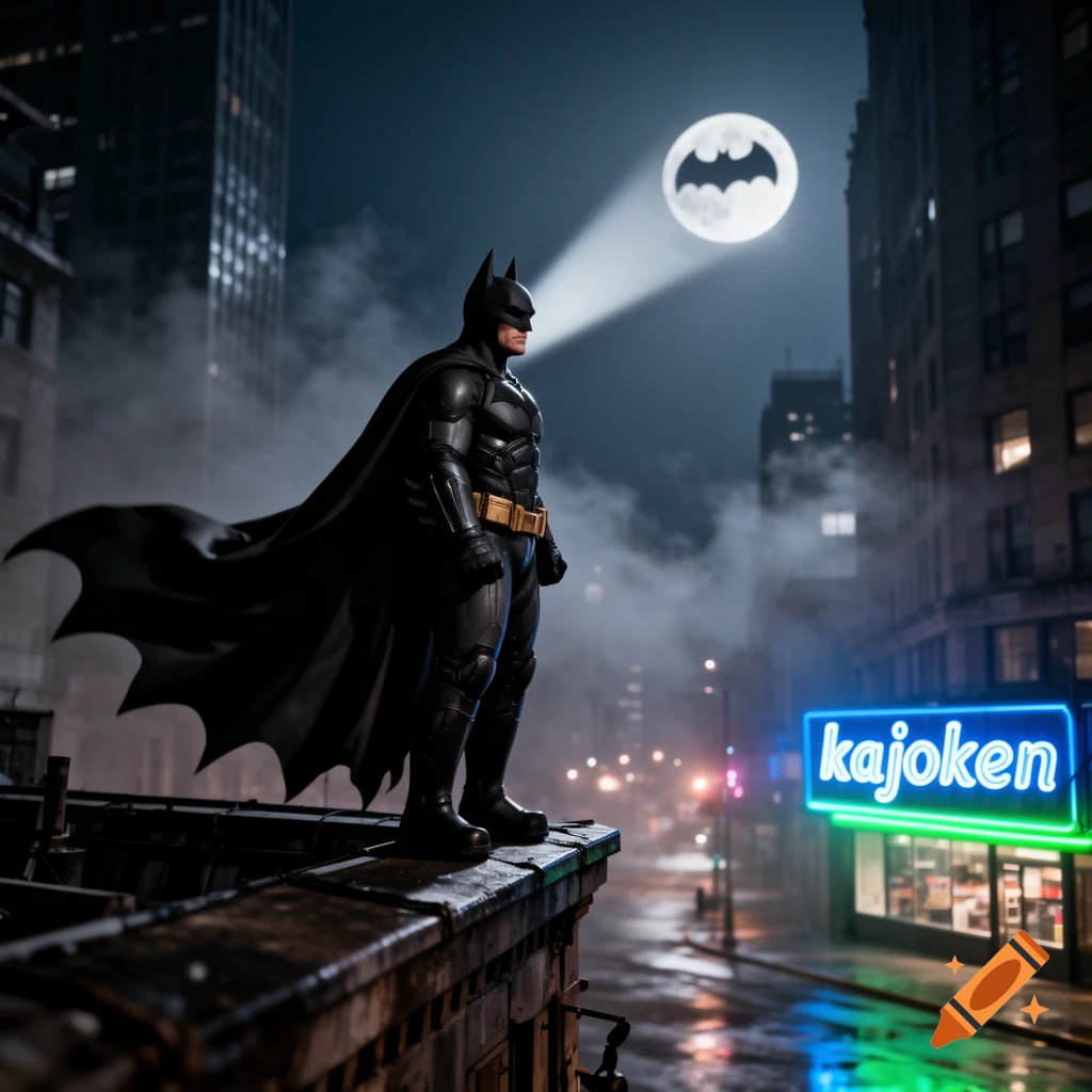 Photorealistic image of Batman in a dark armored suit and flowing cape, standing on a Gotham City rooftop at night with the Bat-signal on the moon.
