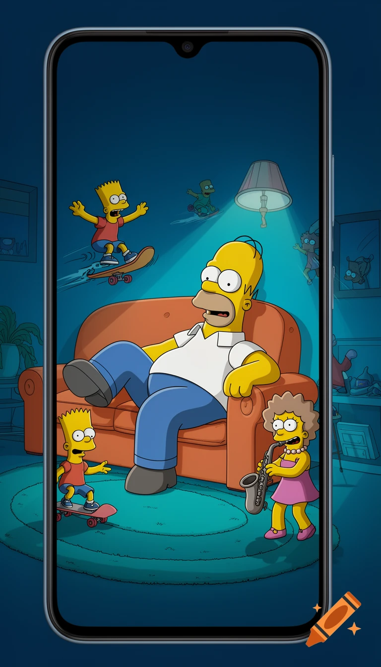 Cartoon phone wallpaper featuring Homer Simpson on a couch, with Bart skateboarding and Lisa playing saxophone in a blue living room.