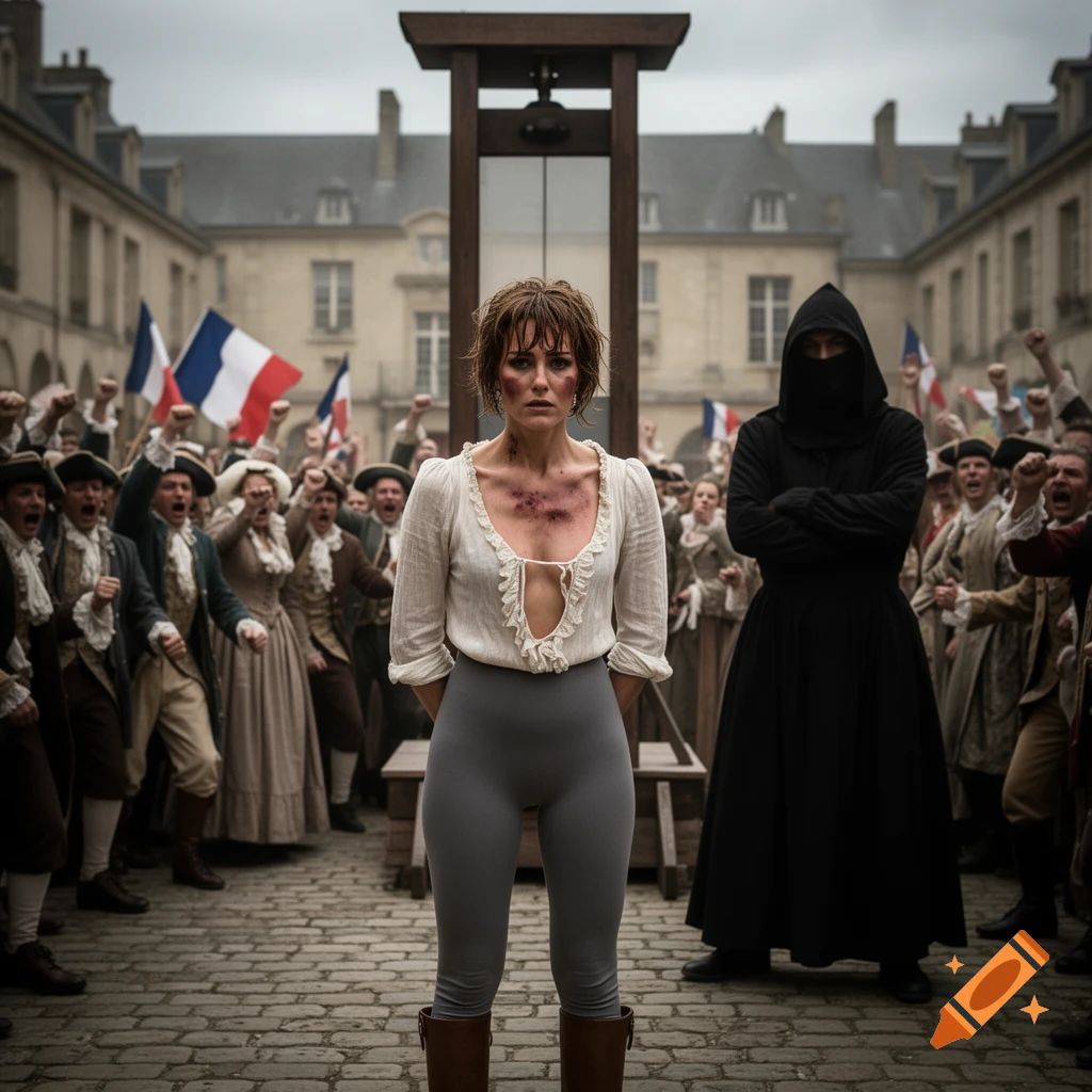A woman with bruises stands before a tall guillotine, flanked by a hooded executioner and an angry, flag-waving crowd in a cobbled courtyard.