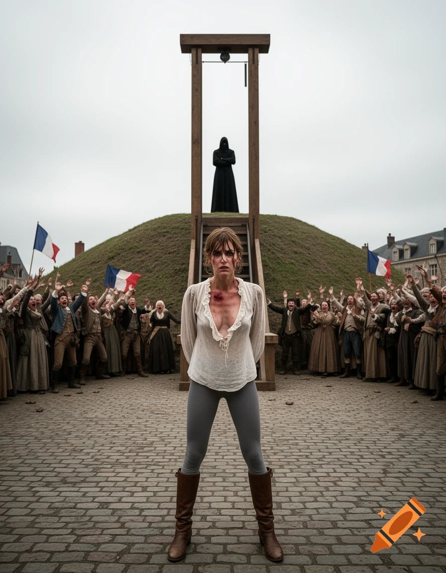 A woman with blood on her chest stands before a guillotine, surrounded by an angry, roaring crowd in historical attire.