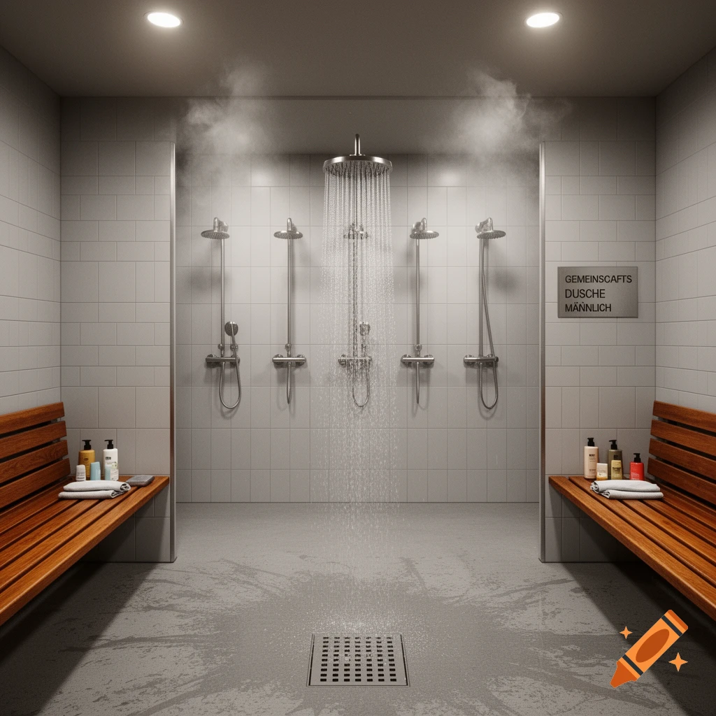 A clean, modern communal shower room with multiple showerheads, a main central shower running water, and wooden benches on either side, all under bright ceiling lights. Steam rises in the air.