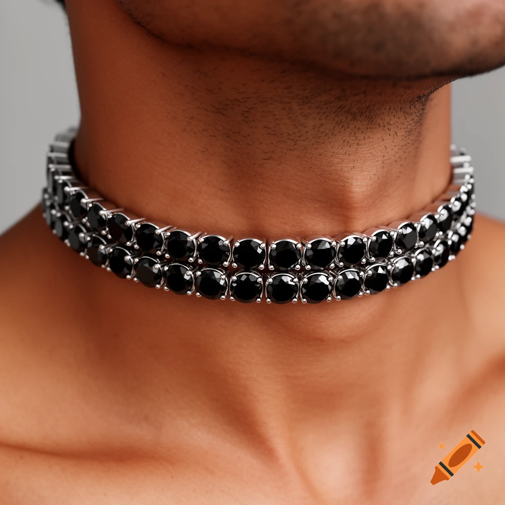 Close-up of a tan-skinned male neck wearing a two-row black diamond choker necklace with silver settings.