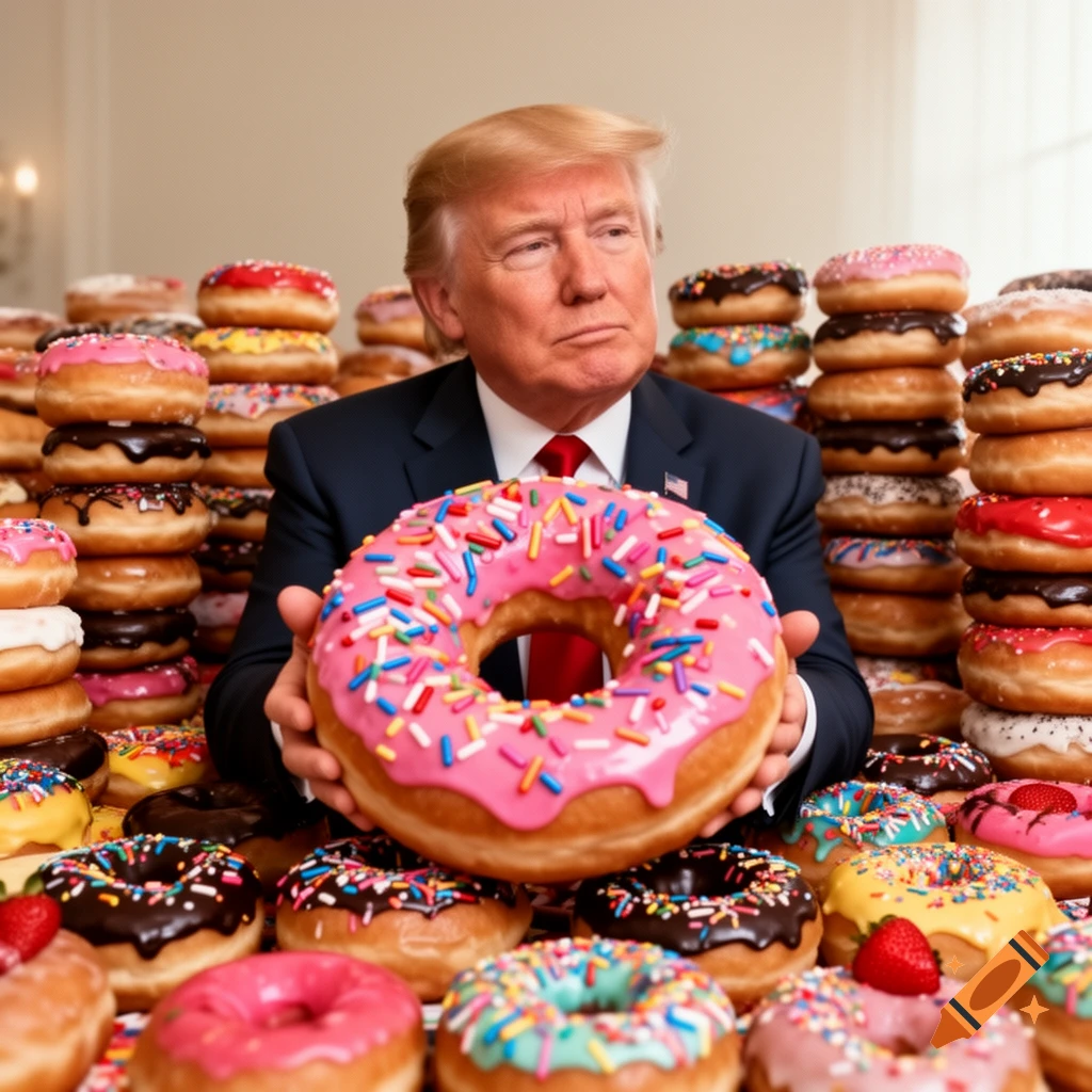 Donald Trump holds a giant pink donut with sprinkles, surrounded by numerous stacks of colorful donuts in a photorealistic style.