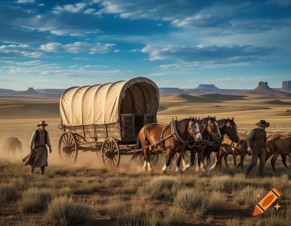 Two cowboys guide a covered wagon pulled by four horses across a vast, dusty plain under a blue sky, with distant mesas.