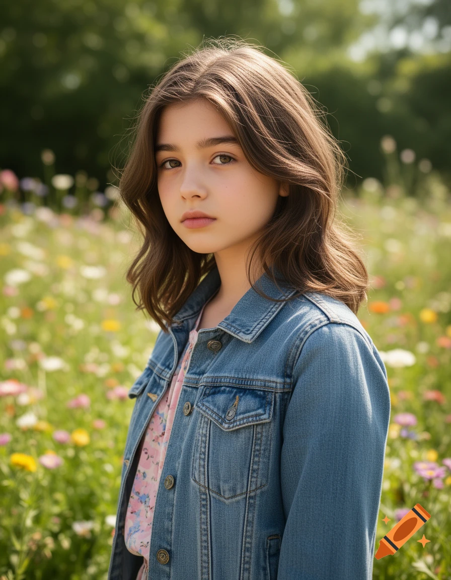 Photorealistic portrait of a young girl with brown hair wearing a denim jacket, standing in a field of colorful wildflowers.