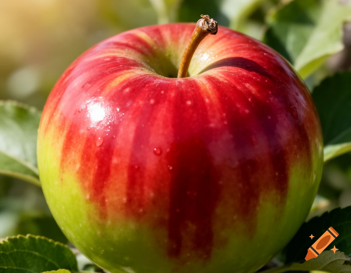 A close-up, vibrant image of a red and green apple with water droplets, nestled among green leaves in bright sunlight.