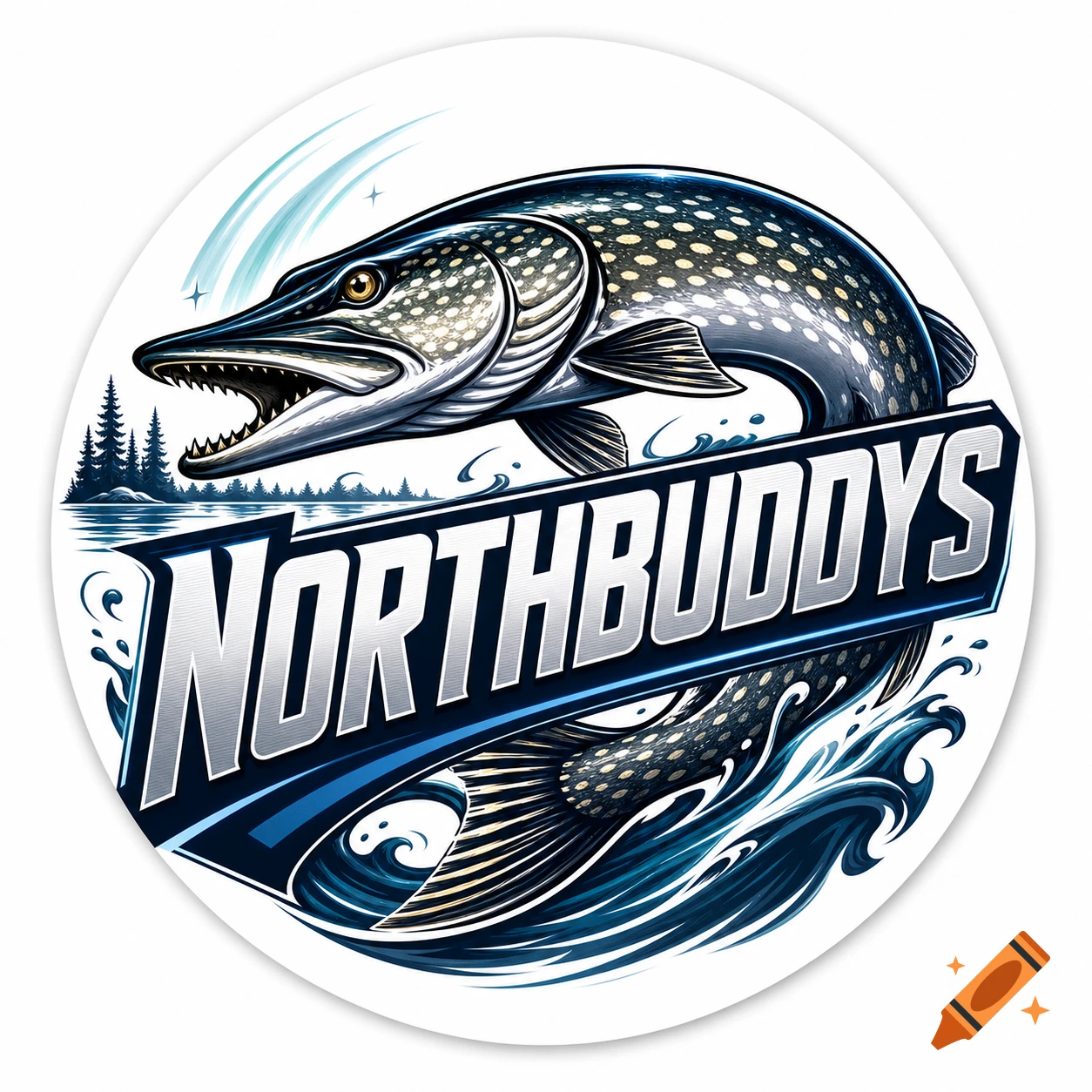 A round logo featuring a stylized northern pike fish leaping out of blue water, with pine trees in the background and the word "NORTHBUDDYS" in bold, white letters.