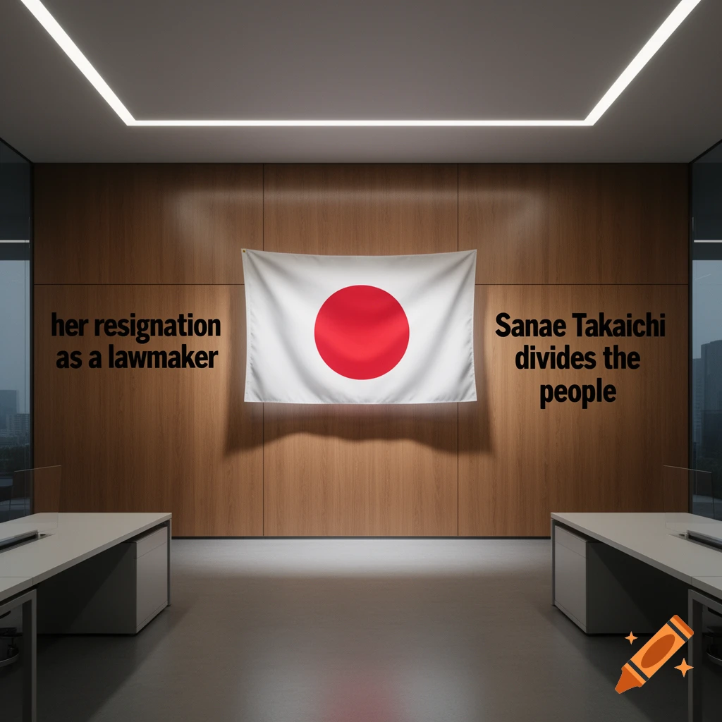 An empty modern office room with a Japanese flag on a wooden wall, featuring political text on either side.