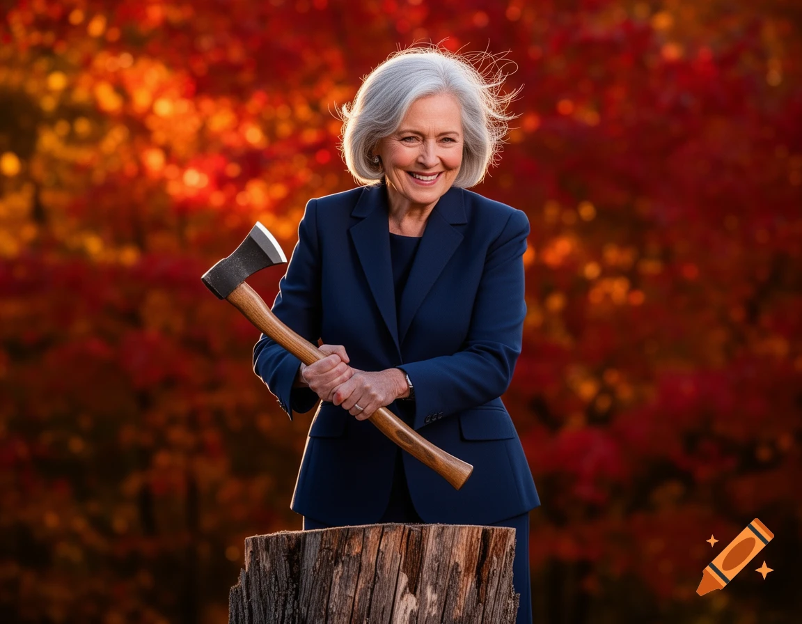 A smiling older woman with short white hair, dressed in a navy suit, holds an axe over a wooden tree stump. The background is a vibrant blur of red and orange autumn leaves.
