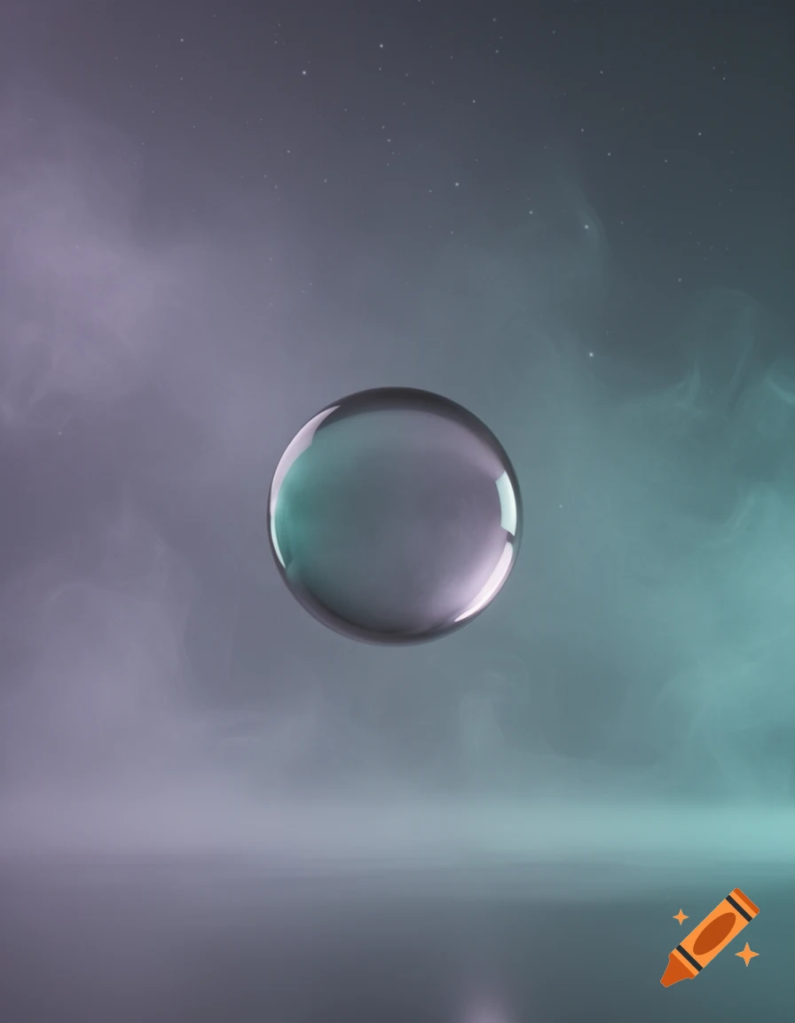 A reflective, translucent sphere floats in a misty, ethereal space with purple and teal hues and faint stars.
