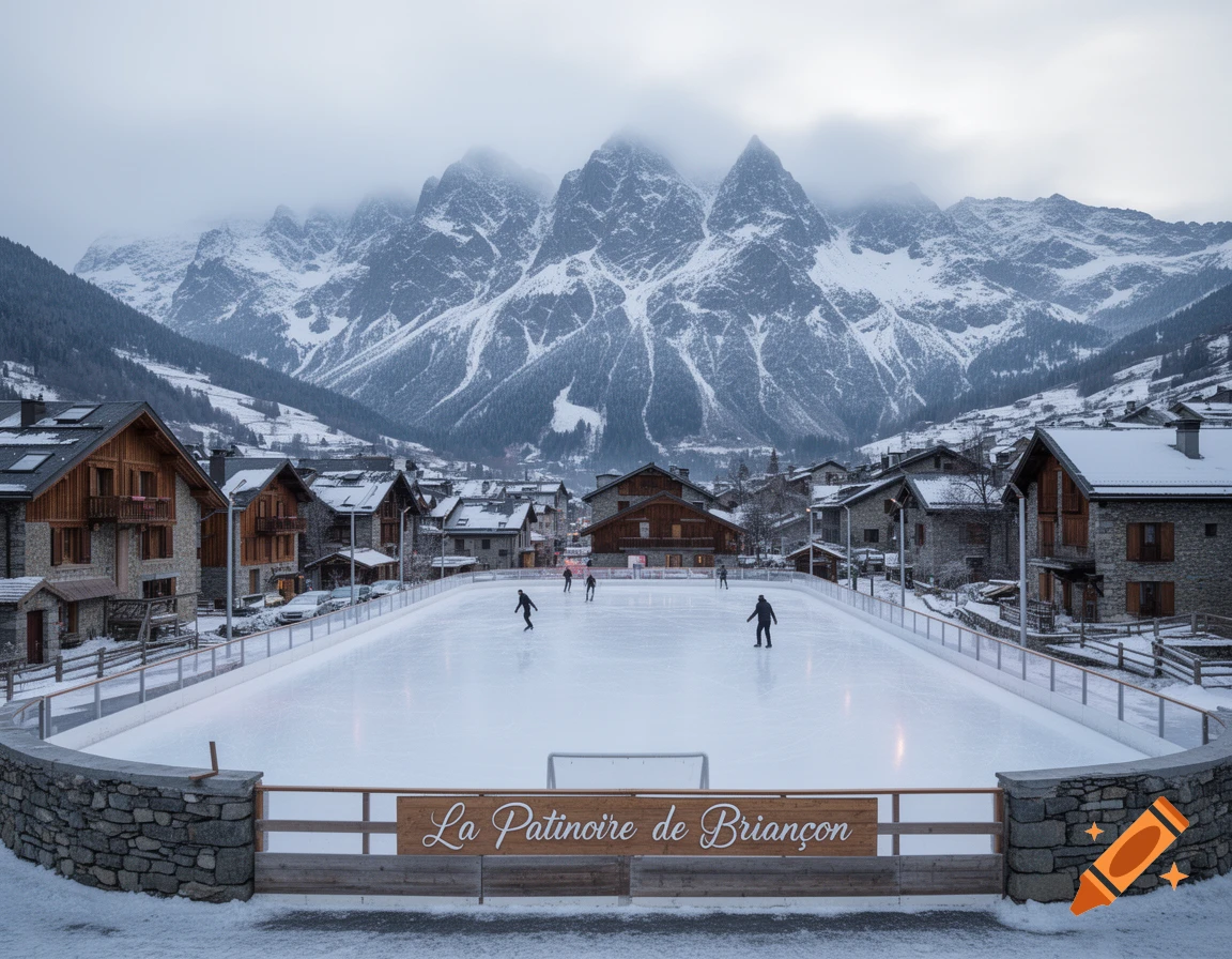 An outdoor ice rink with skaters in a snowy mountain village surrounded by chalets under a cloudy sky.