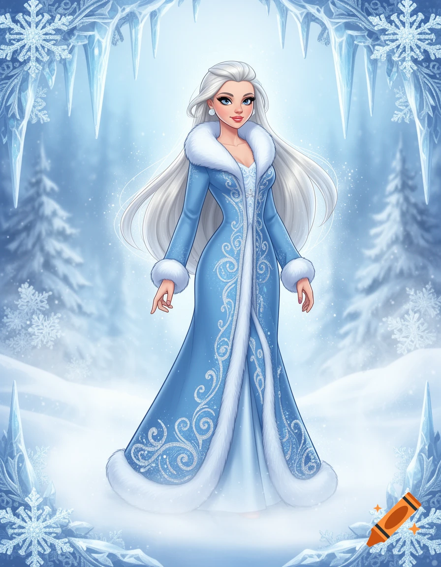 A cartoon woman with long white hair and a blue fur-trimmed coat stands in a snowy forest with ice formations and snowflakes.