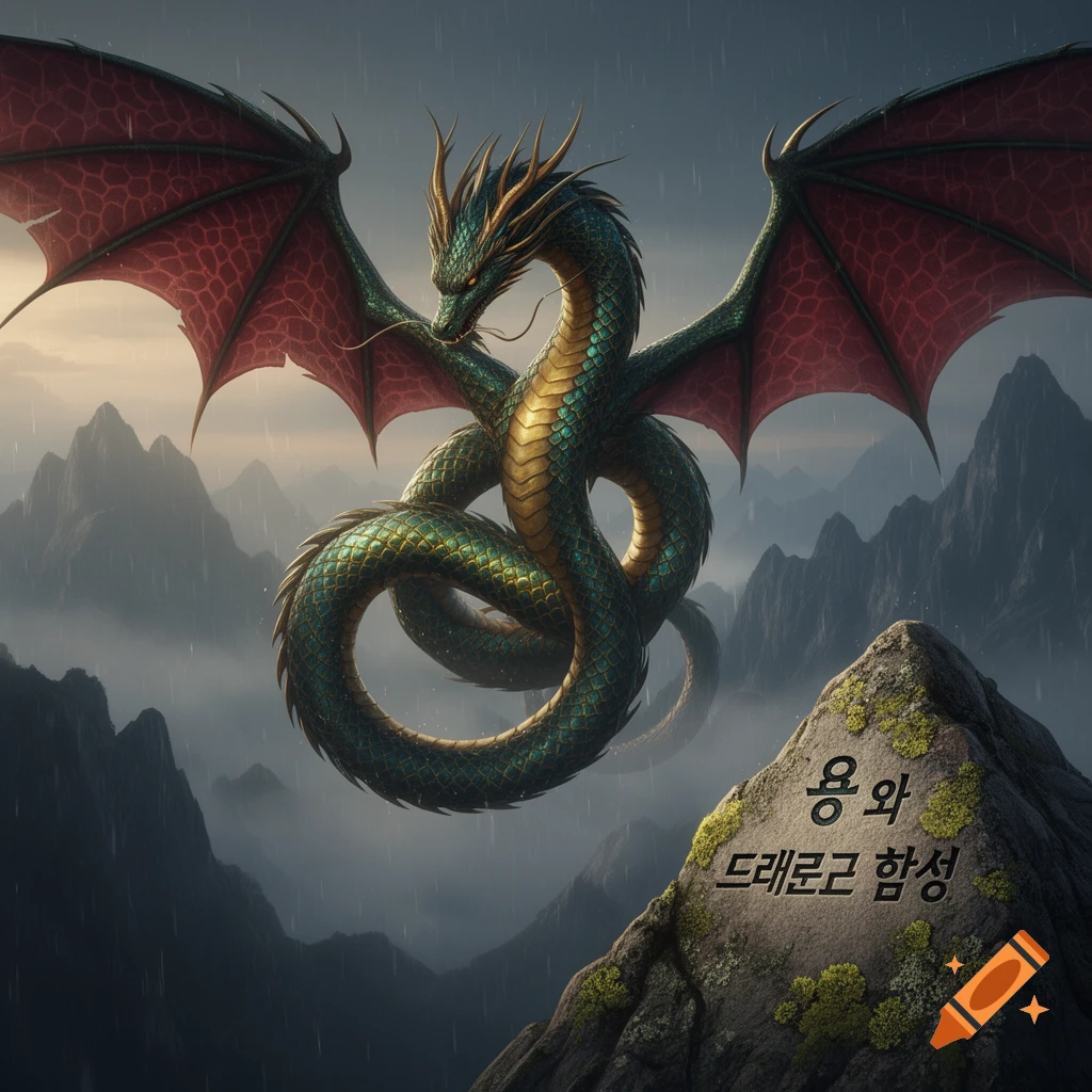 A majestic green and gold dragon with red wings flies over misty mountains in the rain. Korean text is etched into a rock.