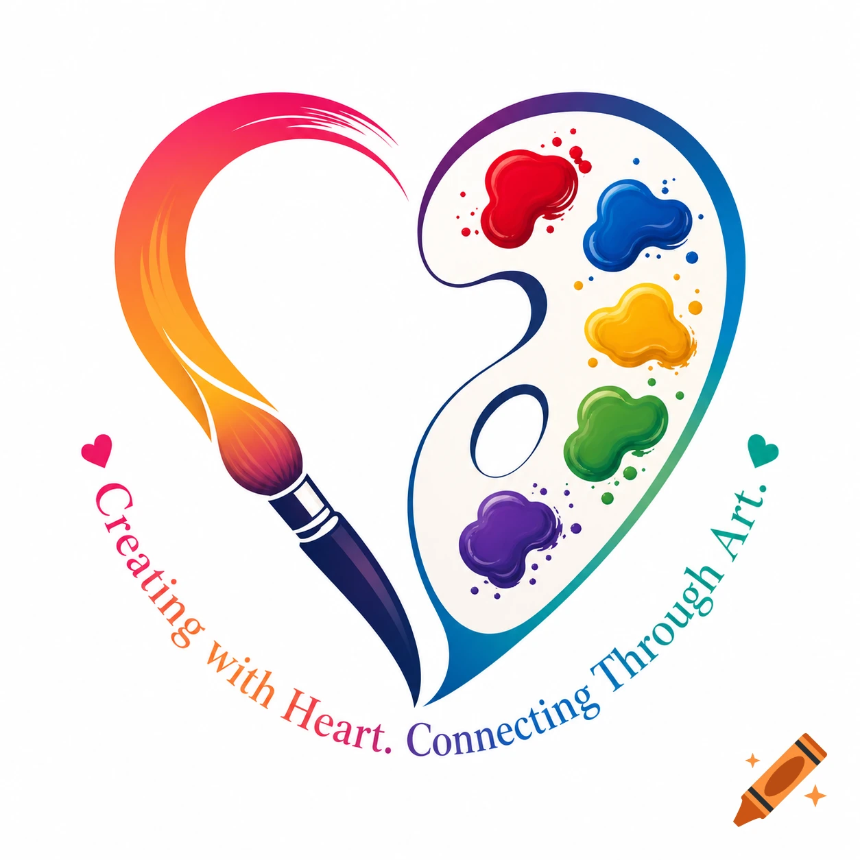 Colorful logo with a paint brush and palette forming a heart, with text 'Creating with Heart. Connecting Through Art.'