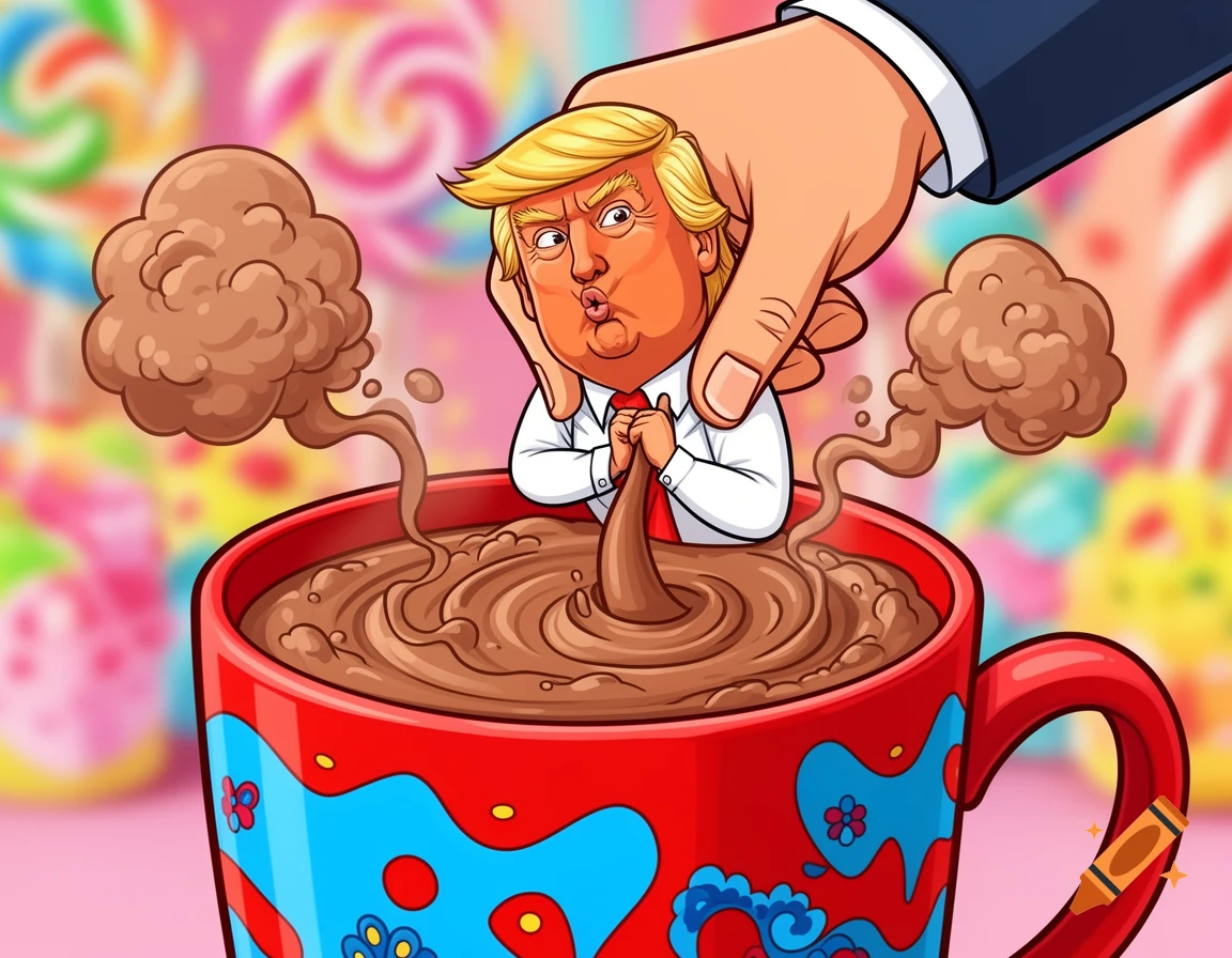 A cartoon caricature of Donald Trump is being dunked headfirst into a red and blue mug of hot chocolate by a large hand, with steam rising from the liquid.