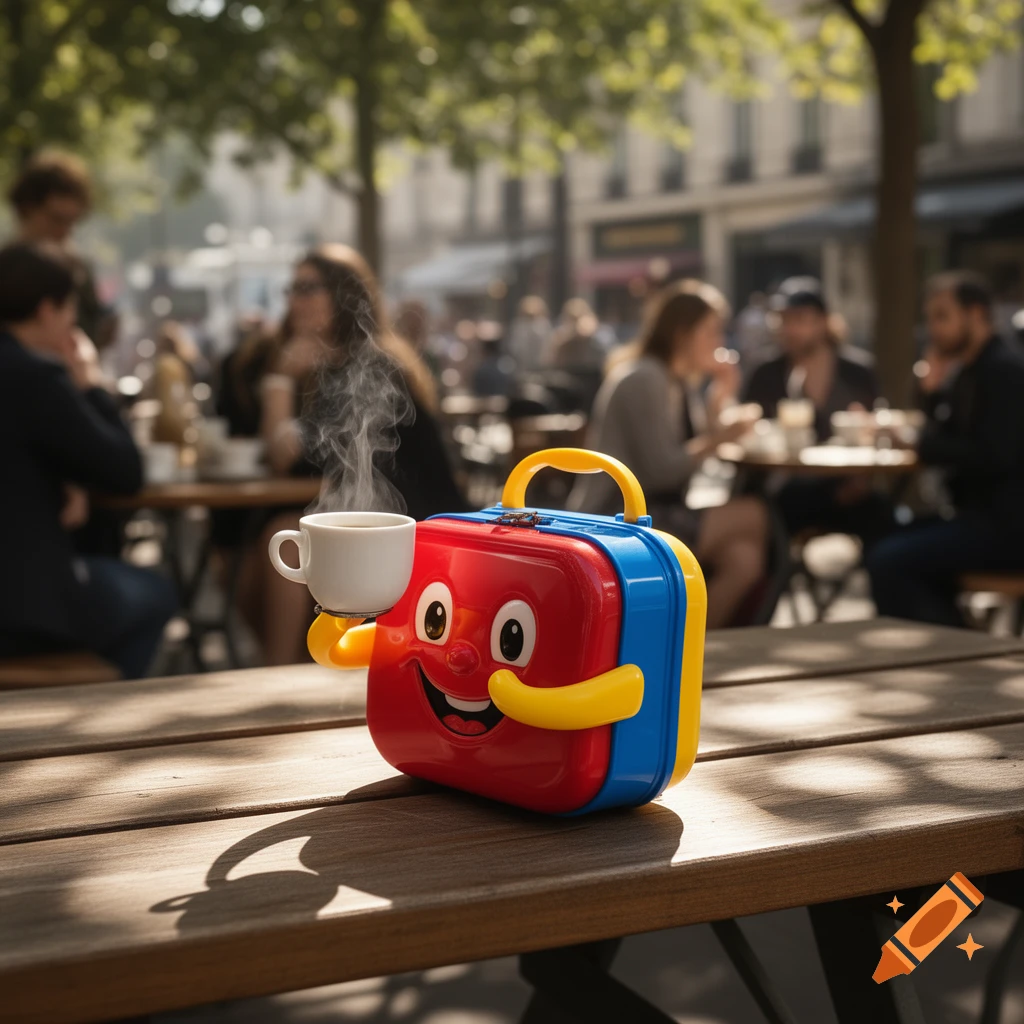 A cute red and blue cartoon lunchbox character with a smiling face holds a steaming coffee cup on a wooden cafe table.