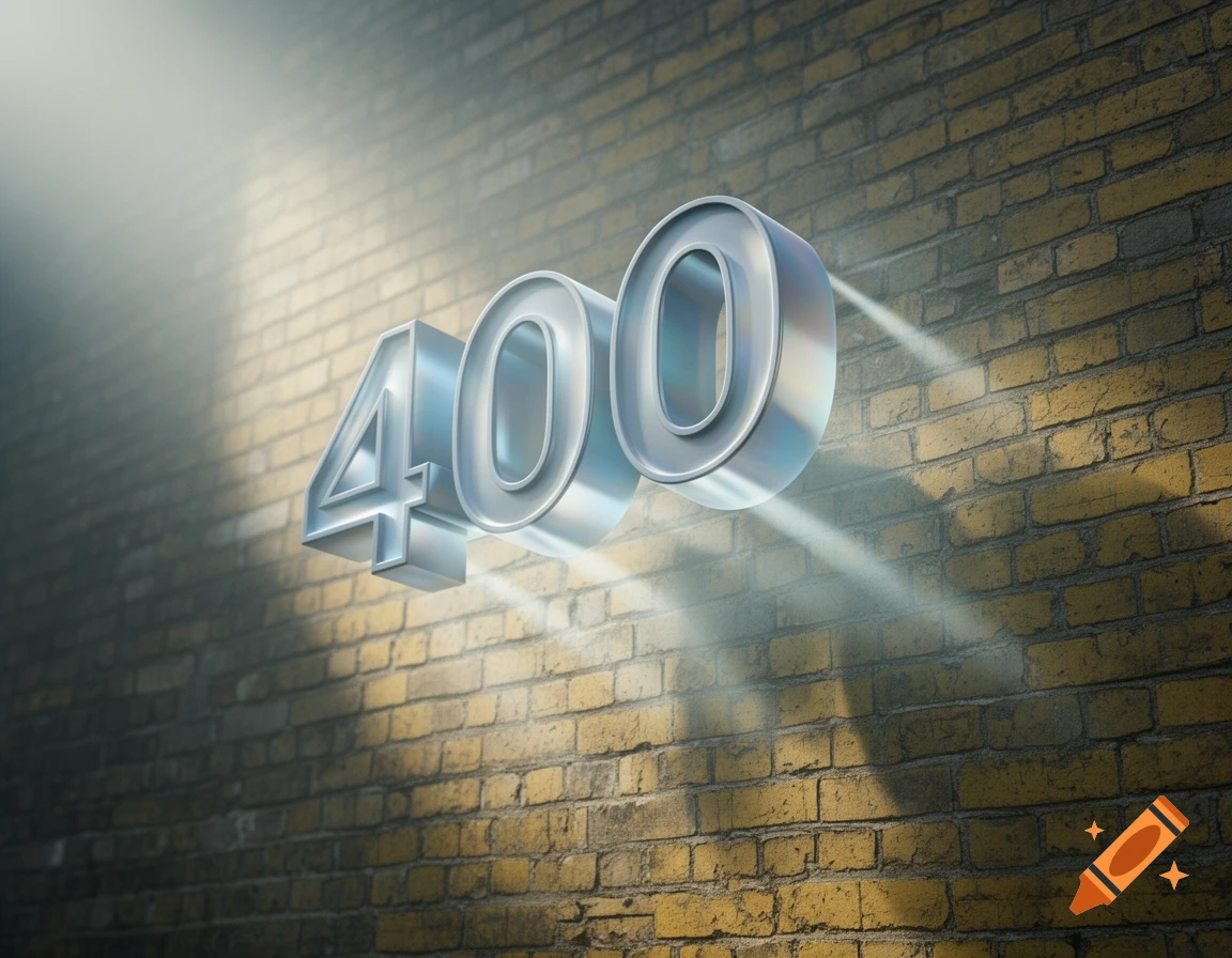 Metallic 3D number 400 floating against a brick wall, illuminated by rays of light.