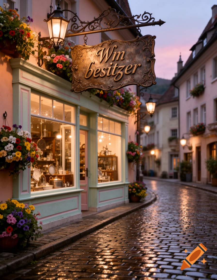 A charming shop with a "Wm besitzer" sign and flowers on a wet cobblestone street reflecting lights at dusk.