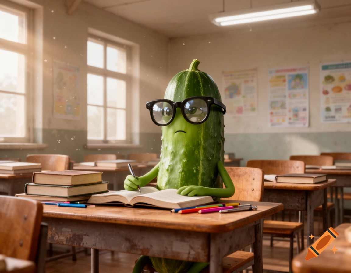 A studious, anthropomorphic cucumber with thick glasses sits at a wooden desk in a sunlit classroom, writing in a book.