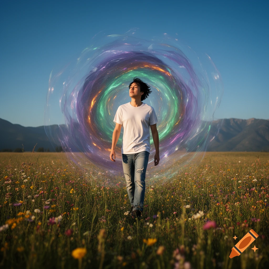 A man walks through a vibrant, colorful energy portal in a wildflower field, with mountains in the background under a clear blue sky.