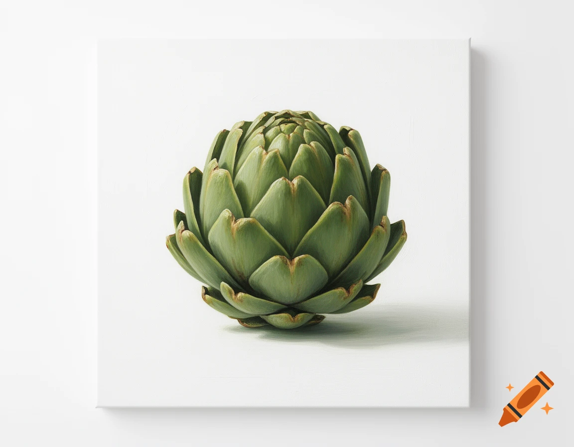 A modern painting of a vibrant green artichoke centered on a white canvas against a white wall.