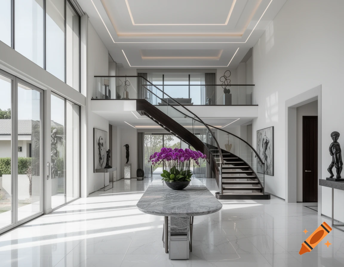 A luxurious modern villa entrance hall with a grand curved staircase, marble table with purple orchids, and large glass windows.