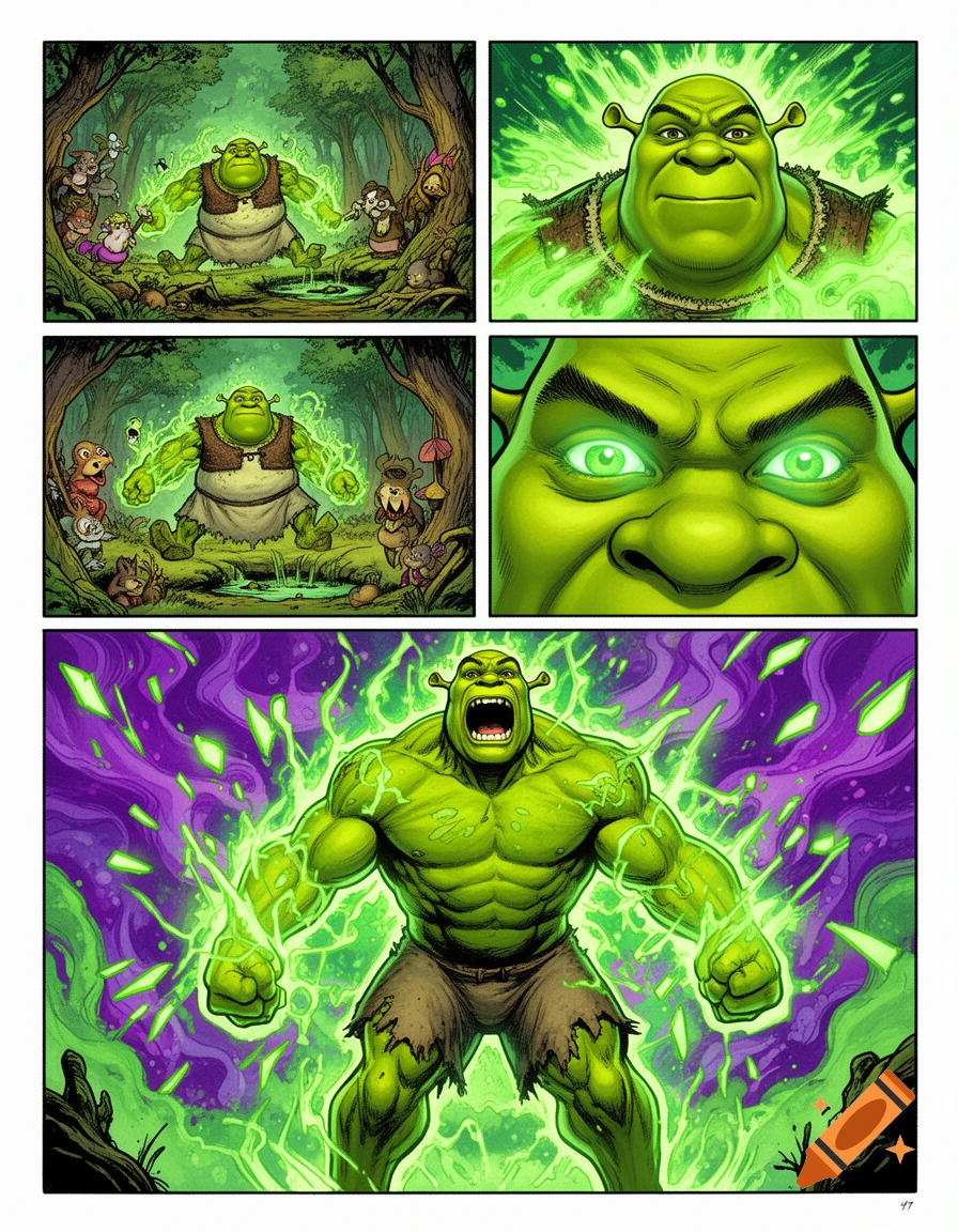 Five-panel comic art of Shrek transforming into a muscular, roaring Hulk-like figure amidst green and purple energy in a swamp.