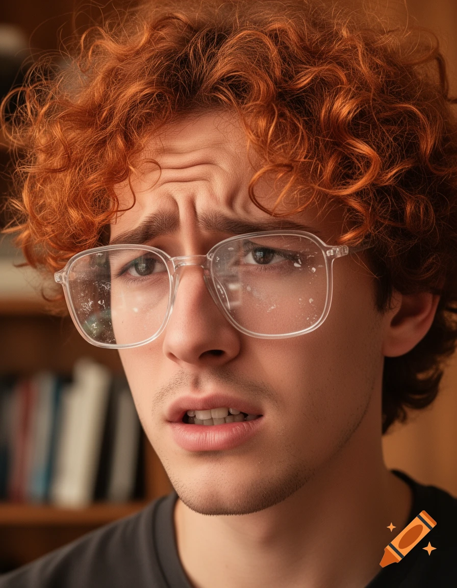 Close-up of a young man with red curly hair and clear glasses, his brow furrowed in a worried expression.