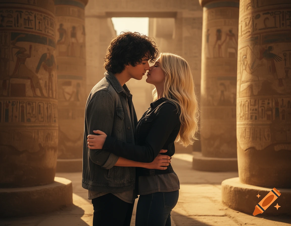A couple kissing in an ancient Egyptian temple with hieroglyphics on large pillars, lit by warm sunlight.