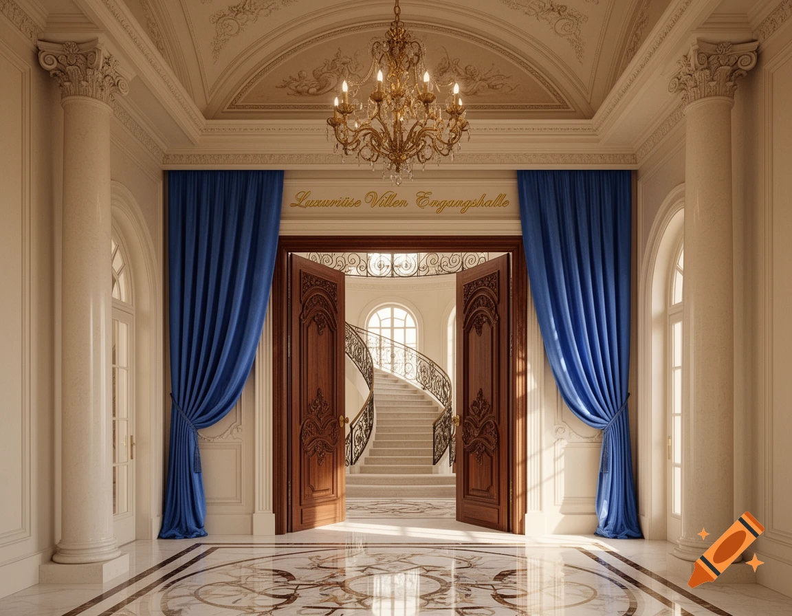 Luxurious villa entrance hall featuring a chandelier, blue curtains, and a grand staircase visible through open wooden doors.