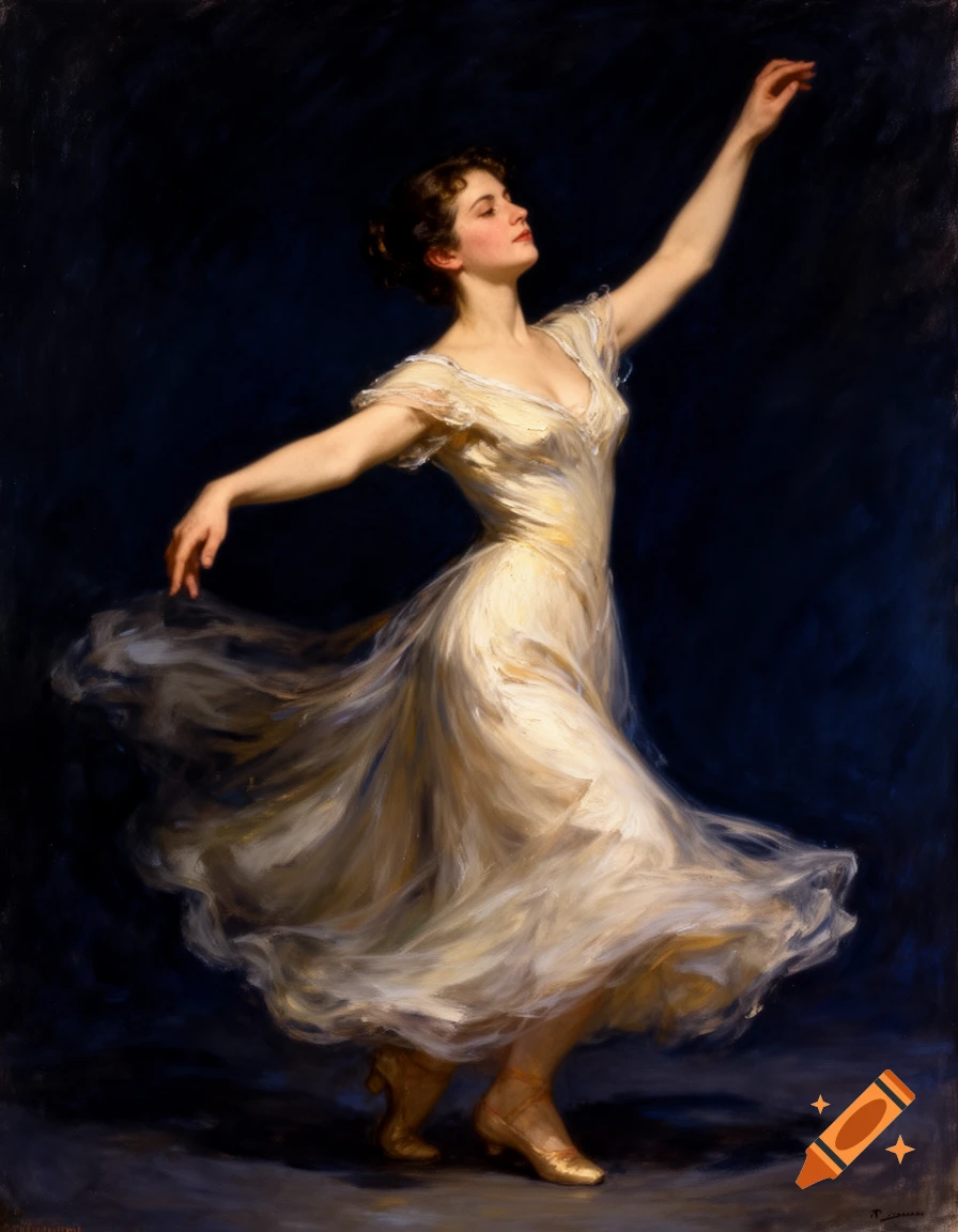 Oil painting of a woman dancing in a flowing cream dress, arms raised, against a dark background.