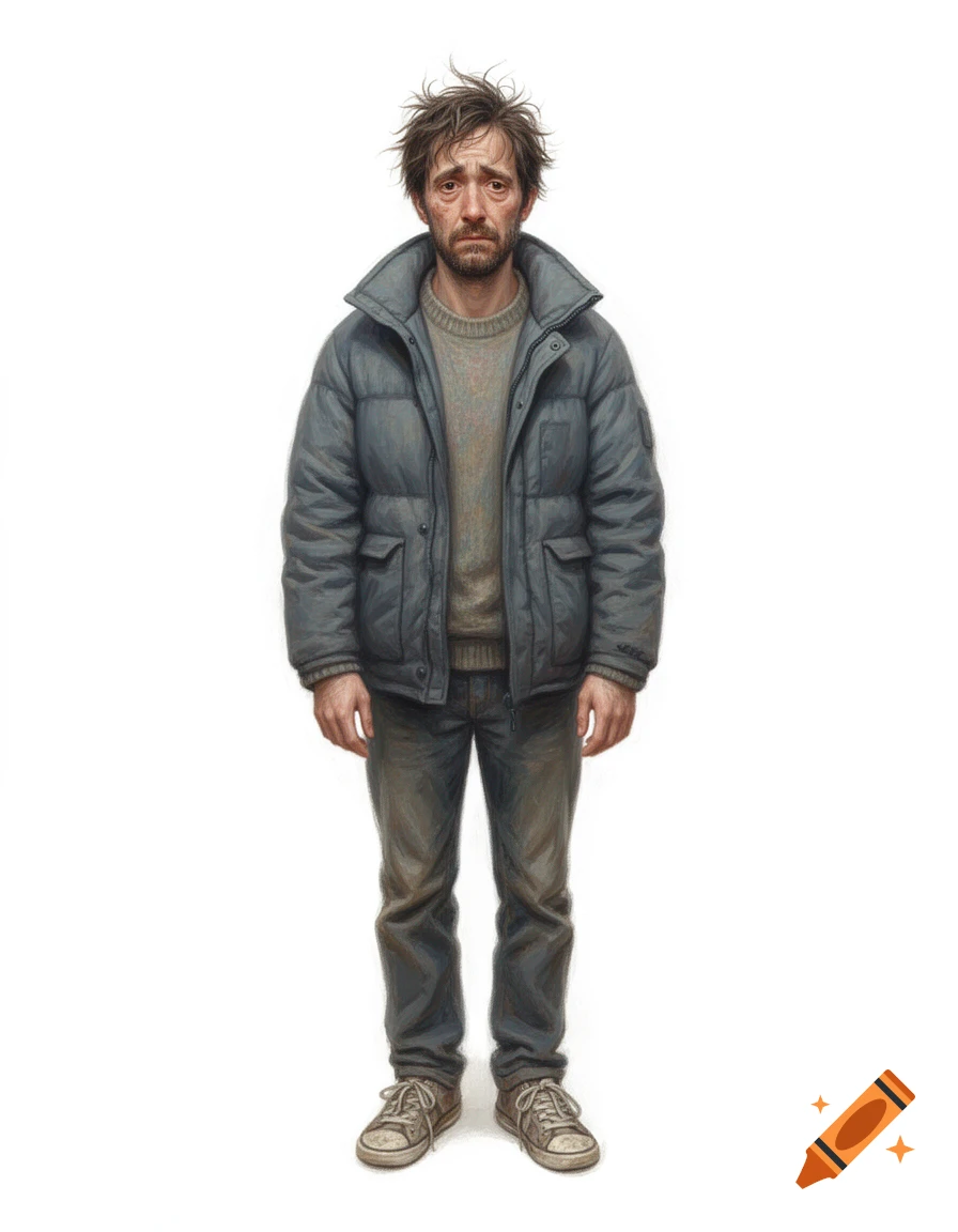 Painterly full-body portrait of a tired, unshaven man with messy hair, heavy eye bags, dressed in a grey puffer jacket, sweater, jeans, and old sneakers.