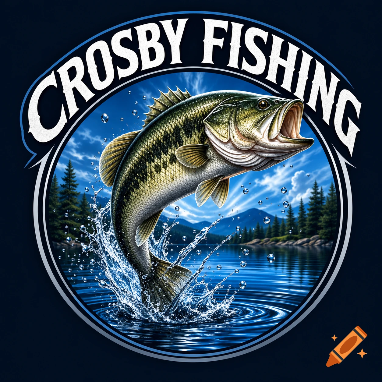 A vibrant logo featuring a largemouth bass jumping out of blue water with a forest and mountains in the background, text reads 'CROSBY FISHING'.