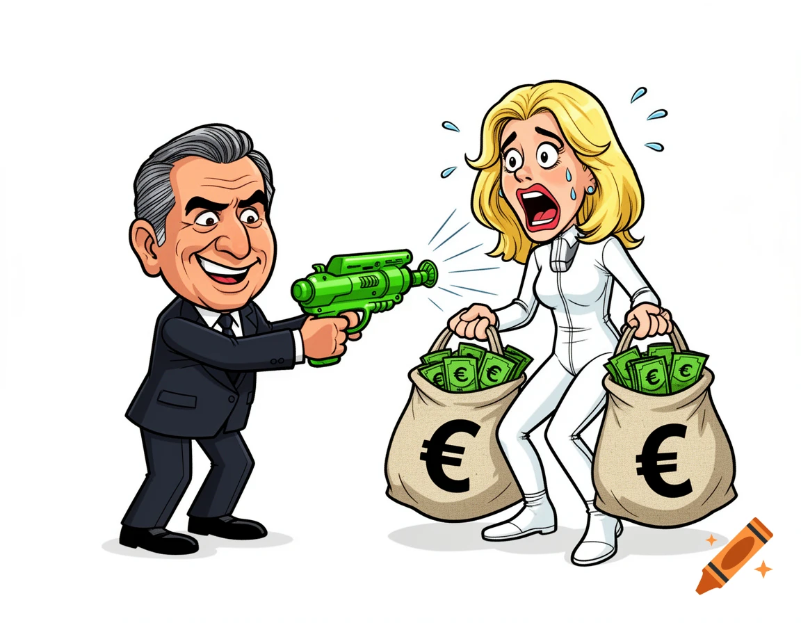 A smiling cartoon man in a suit points a green toy gun at a frightened cartoon woman in a white jumpsuit carrying two bags of Euro cash.