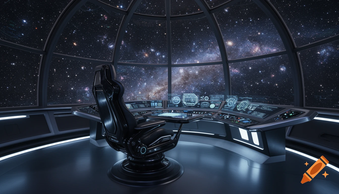 A futuristic spaceship bridge with a pilot's chair and glowing screens, looking out through a large domed window at a star-filled galaxy.