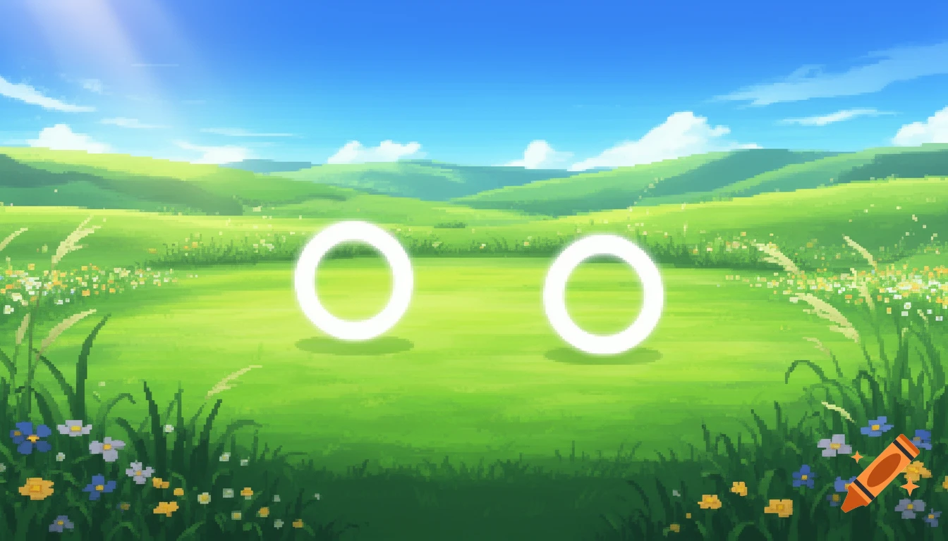 Bright pixel art landscape with green rolling hills, a blue sky, and two glowing white circles in the foreground.