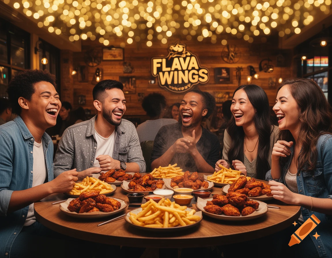 A joyful group of friends laughing while sharing plates of chicken wings and fries at a restaurant called Flava Wings, with a warm, cozy atmosphere.