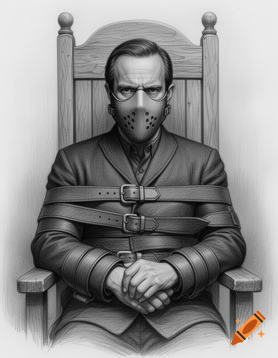 Pencil drawing of a man resembling Hannibal Lecter, strapped into a wooden chair and wearing a mask.