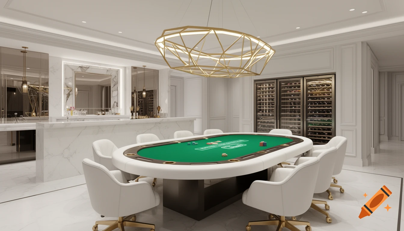 A luxury poker room lounge with a white oval poker table on green felt, white swivel chairs, a gold geometric chandelier, a marble wet bar, and wine fridges.