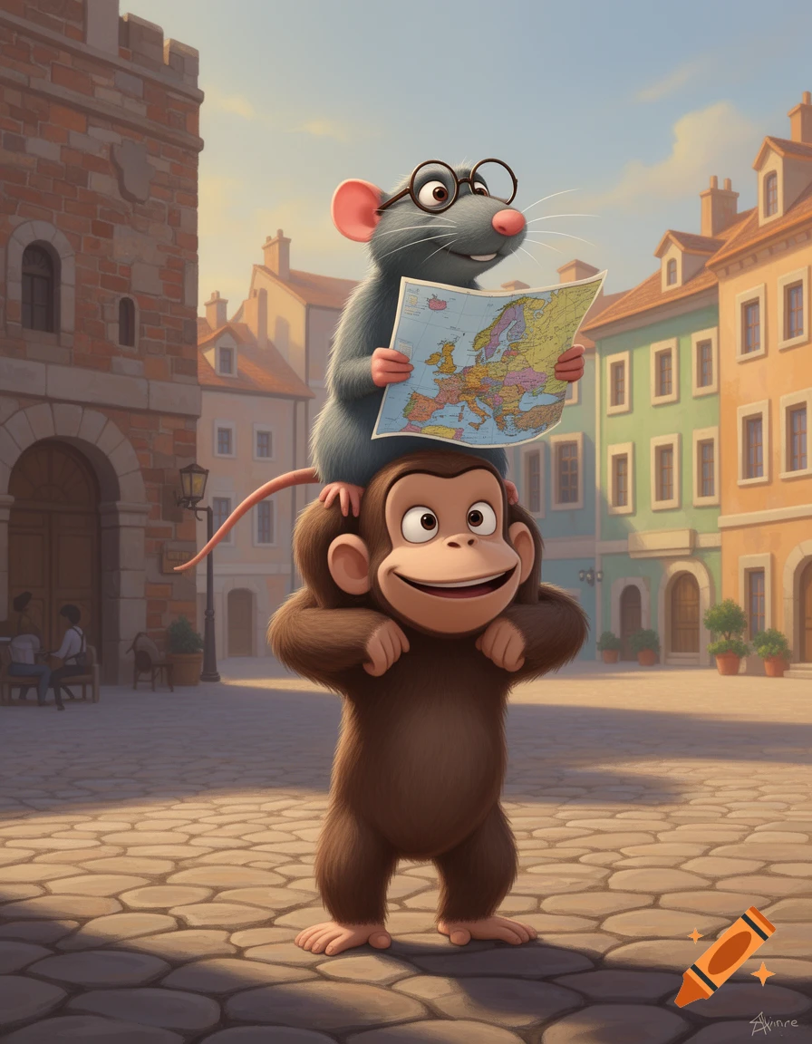 A cheerful cartoon rat with glasses sits on a monkey's shoulders, holding a map of Europe on a cobblestone street in a European city.