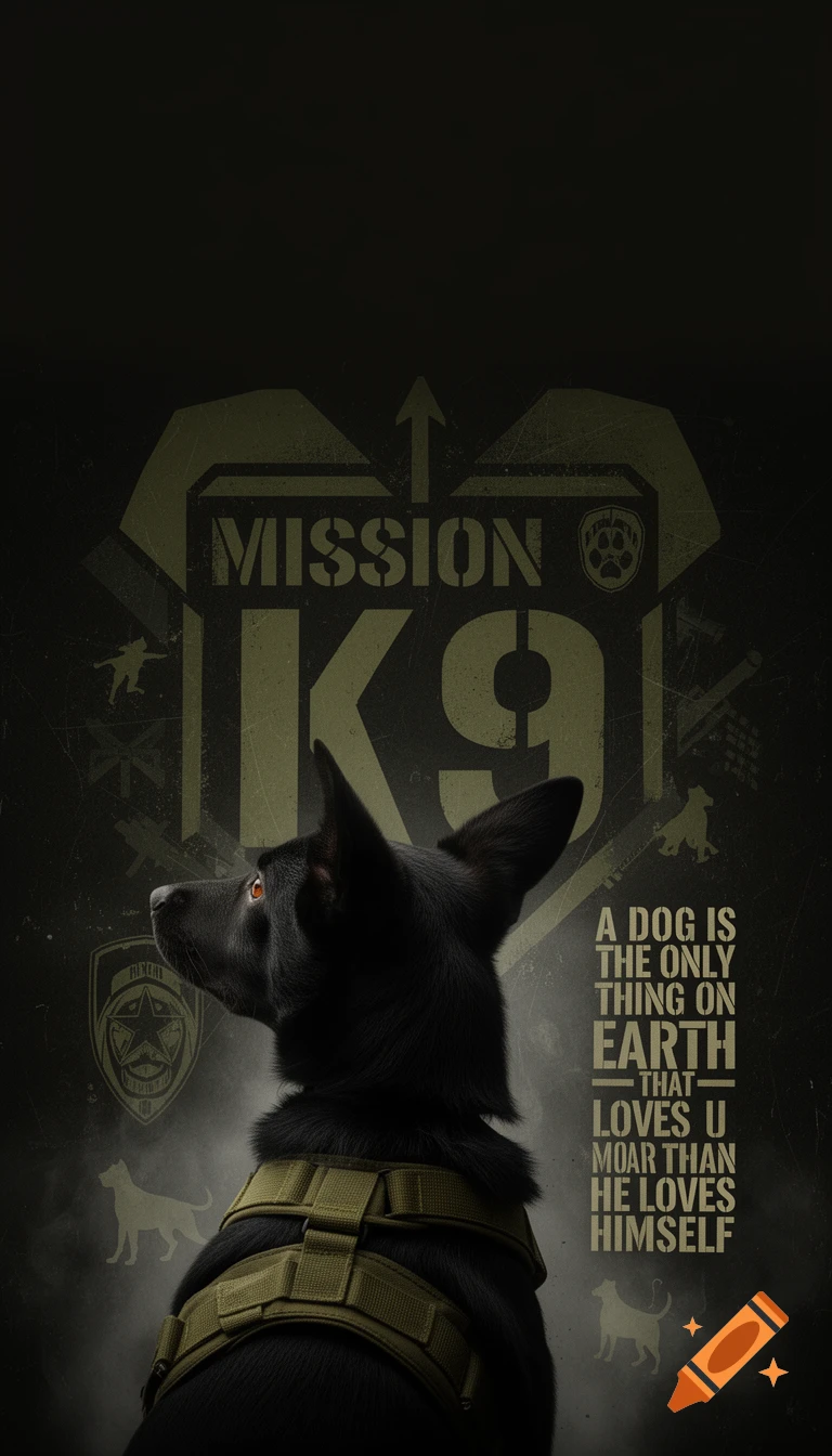 A black K9 dog wearing a tactical harness, looking left against a dark, grungy military-style background with "MISSION K9" and a quote about dogs.