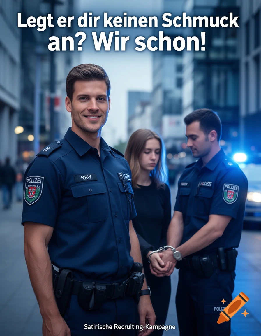 An ultra-realistic ad for a German police recruitment campaign, featuring a smiling officer in the foreground and another cuffing a woman in the background. Overhead text reads: "Legt er dir keinen Schmuck an? Wir schon!"