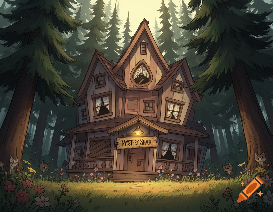 A cartoon-style wooden house resembling the Mystery Shack from Gravity Falls, nestled in a dense, dark forest with tall trees and wildflowers.