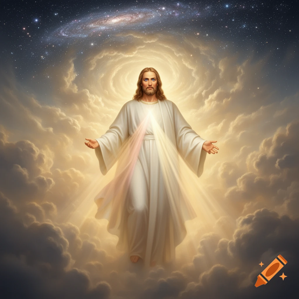 Jesus Christ in white robes, standing in glowing clouds with arms outstretched, light rays emanating, a spiral galaxy and stars above.