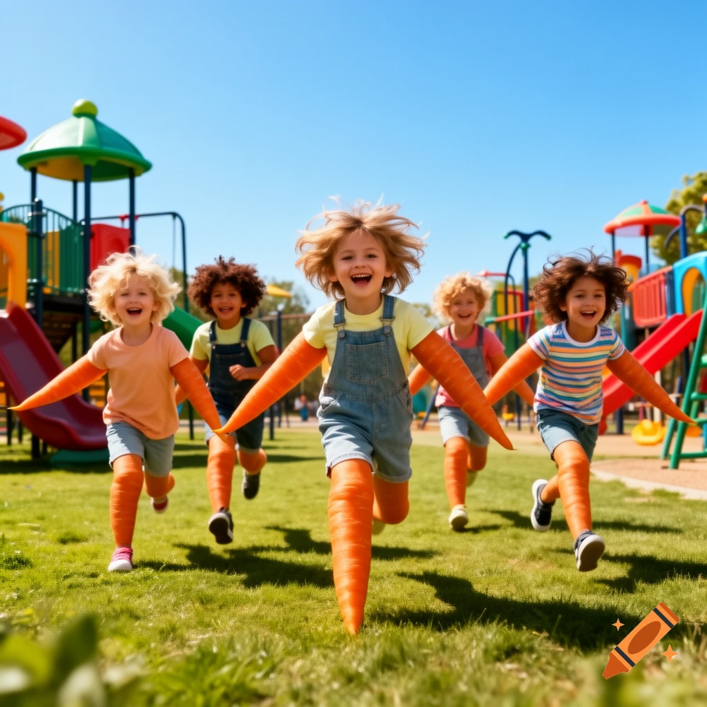 Smiling children with carrot arms and legs run across a grassy playground under a clear blue sky.