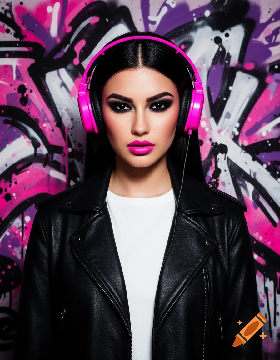 A stylized cinematic portrait of a young woman with pink headphones and a black leather jacket against a colorful graffiti wall.