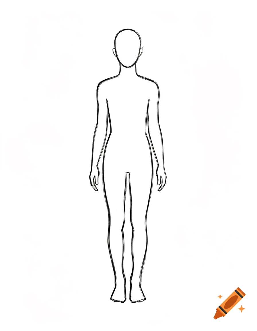 Minimalist black and white outline drawing of a faceless, hairless human figure, front view.