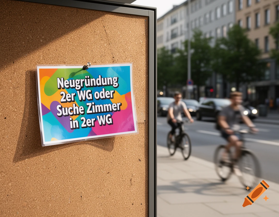 A cork board with a colorful sign reading 'Neugründung 2er WG oder Suche Zimmer in 2er WG' in a blurred urban street scene with cyclists.
